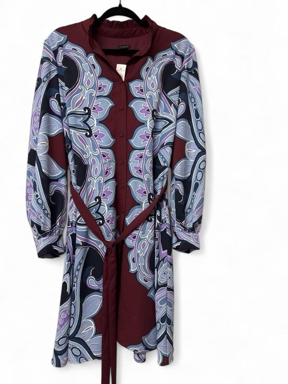 Ann Taylor Burgundy Paisley-Print Long Sleeve Shirt Dress